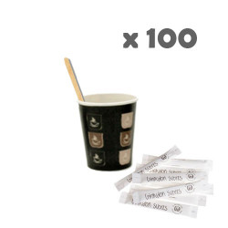 Pack 100 cafés : 100 touilleuses + 100 gobelets + 100 buches de sucres