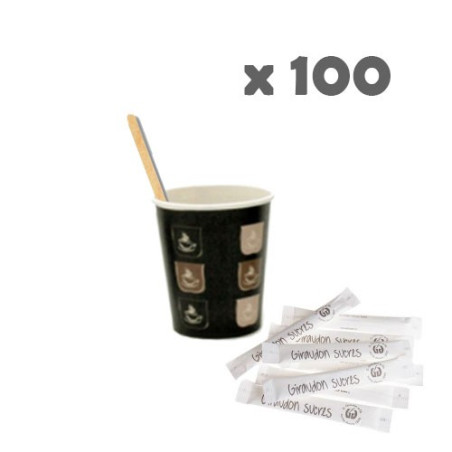 Pack 100 cafés : 100 touilleuses + 100 gobelets + 100 buches de sucres